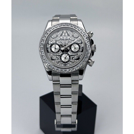 Custom Seiko Mod • Silver Double Diamond Tiger Eye Daytona (Quartz Chronograph) • 39.5mm